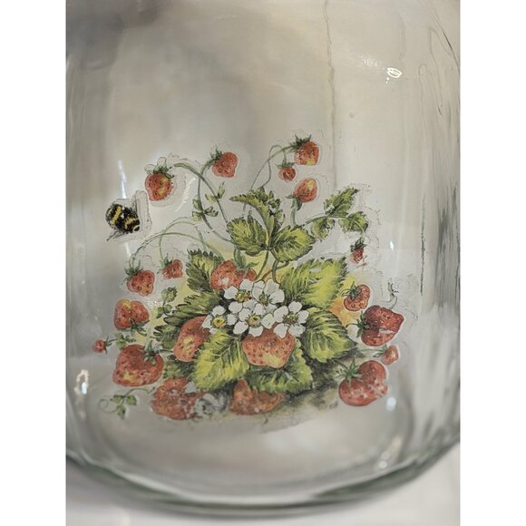 VTG 9" Large Glass Canister Jar Red Lid Strawberry Bee Decal Retro Kitchen Decor - Picture 2 of 6